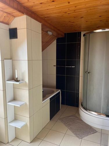 a bathroom with a shower and a bath tub at Dom Acapulco in Kromszewice