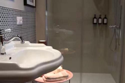 a bathroom with a sink and a shower at Casa Martinez Relax Cles in Cles