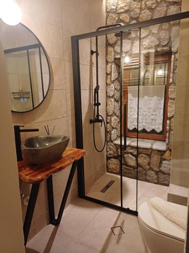 a bathroom with a sink and a glass shower at Traditional Guesthouse Vrigiis in Agios Germanos