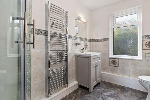 a bathroom with a sink and a shower and a toilet at Ffynnonlwyd Cottage - rural holiday cottage with hot tub in Llangynin