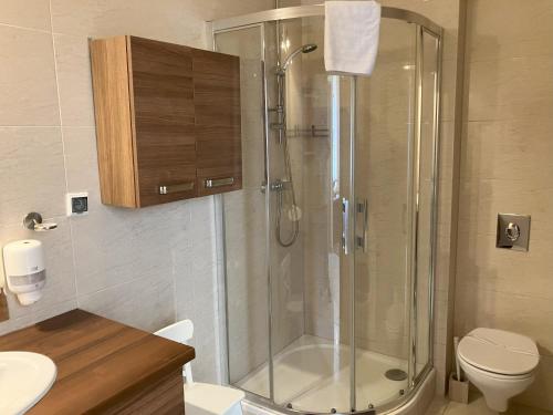 a bathroom with a shower with a toilet and a sink at Aquamarina Turkus Apartament 253 in Międzyzdroje