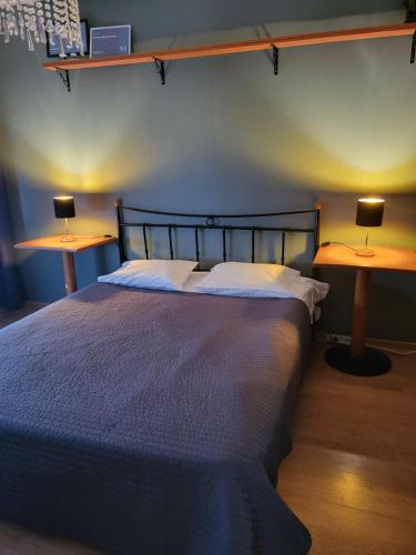a bedroom with a bed with two lamps on two tables at Narva Apartments in Narva