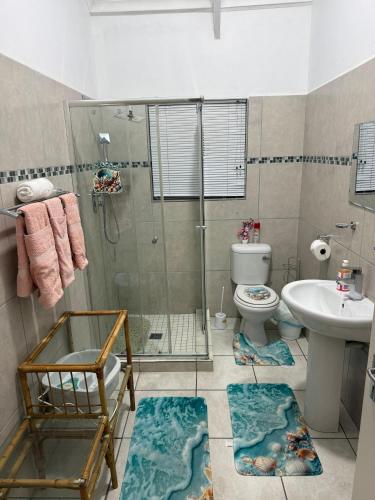 a bathroom with a shower and a toilet and a sink at The Tides Holiday Home in St. Helena Bay