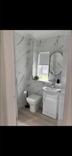 a bathroom with a toilet and a sink and a mirror at Dove Cottage in Greenock