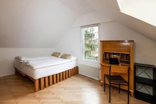 a bedroom with a bed and a desk and a window at Herti14 Serviced Apartments in Ennetbaden