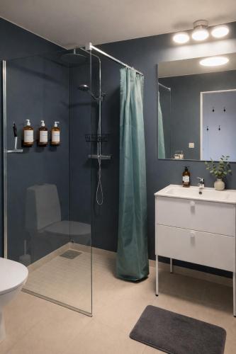 a bathroom with a shower and a sink and a mirror at The Studio in Skellefteå