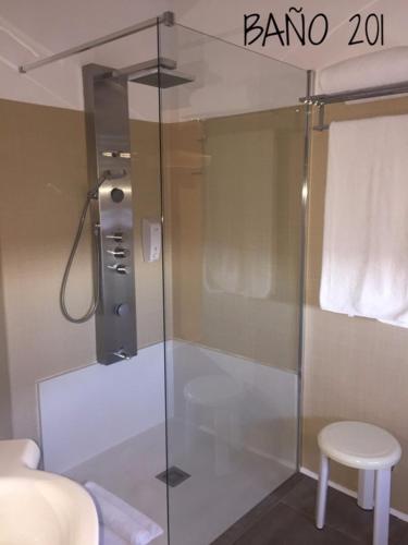 a shower with a glass door in a bathroom at Hostal Vista Alegre in Castro-Urdiales