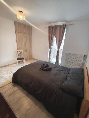 a bedroom with a large black bed with a window at Le Domaine Des Petits Chat in Orchamps