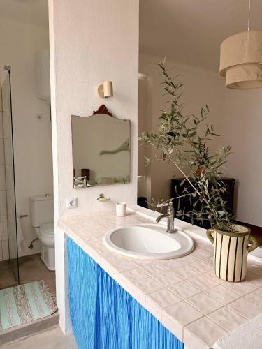 a bathroom with a sink and a mirror at Fronteira in Fronteira