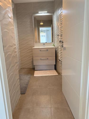 a bathroom with a sink and a mirror at Résidence inside in Ferney-Voltaire
