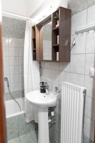 a bathroom with a sink and a toilet and a shower at Pineios View New Apartment in Larisa