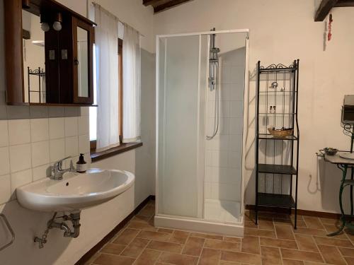 a bathroom with a sink and a shower at Palazzo Bruschi in Pergola