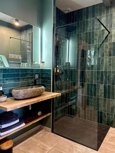a bathroom with a sink and a glass shower at Domaine Aari Ona in Aramits