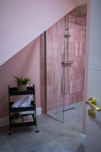 a bathroom with a shower with pink tile at Casa Lombarda in Mérida