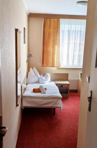 a hotel room with a bed and a window at Dolina Wilema in Bolesławów
