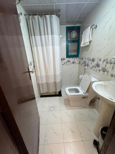 a bathroom with a toilet and a shower and a sink at Naif Palace Hotel in Dubai