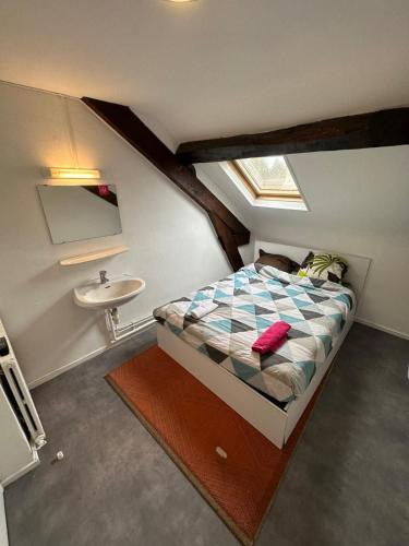 a small bedroom with a bed and a sink at Hôtel de la gare - Chambre standard in Tarbes