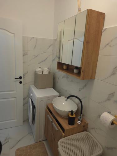 a bathroom with a toilet and a sink and a mirror at Apartament Severin Caple in Drobeta-Turnu Severin