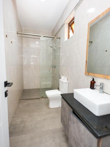a bathroom with a sink and a shower and a toilet at Giannas stays 3B in Mombasa