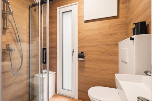 a bathroom with a shower and a toilet and a sink at Holiday&Stay, Tiny living in Fronreute