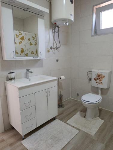 a bathroom with a toilet and a sink and a mirror at Vila Komfor in Jajinci