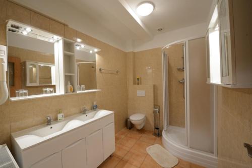 a bathroom with a sink and a shower and a toilet at Školící středisko ABENA s ubytováním in Ostrava