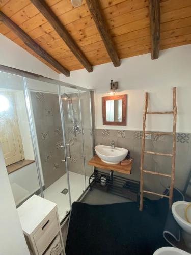 a bathroom with a sink and a shower at Sicily Private Pool House in Nature in Montargano