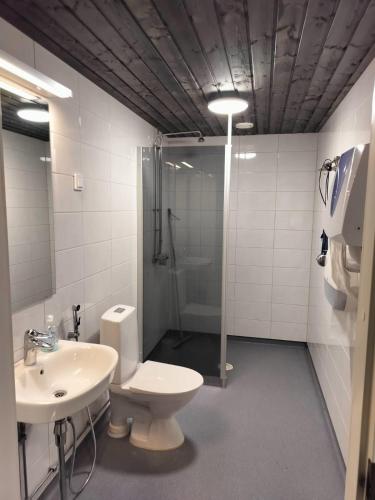 a bathroom with a shower and a toilet and a sink at Partiotalon retkeilymaja - Scouts Hostel in Joensuu