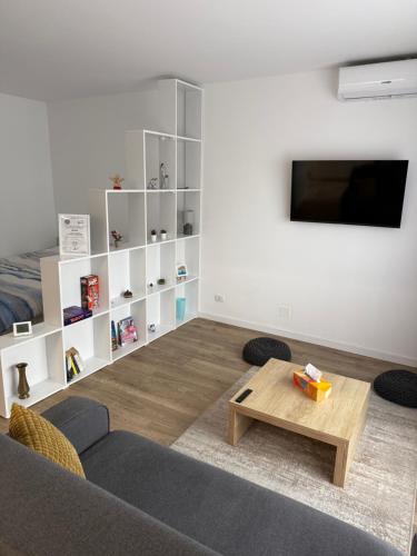 a living room with a couch and a coffee table at Central Studio Yoko , Craiova in Craiova