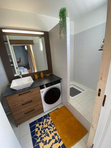 a bathroom with a sink and a washing machine at La Casa Manao - Charmant Studio SF in Saint-François