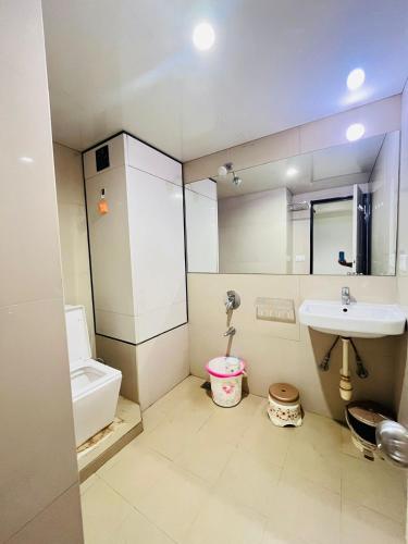 a bathroom with a sink and a toilet at HOTEL MADNI ROYALE (50 Mtrs from Dargaah), Ajmer in Ajmer