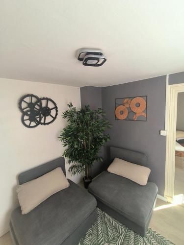 a living room with two gray couches and a plant at Small townhouse in Clermont-Ferrand
