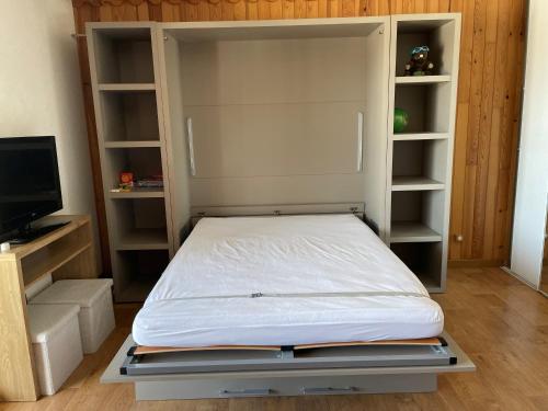 a bed in a room with a tv and shelves at La Marmotte ensoleillée in Montclar