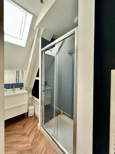 a bathroom with a glass shower and a sink at Le Bristol - Gîtes Canal & Chenier, proche gare in Carcassonne