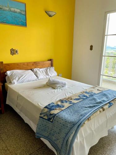 a bedroom with a large bed with a yellow wall at Pousada Lourenço in Nazaré Paulista
