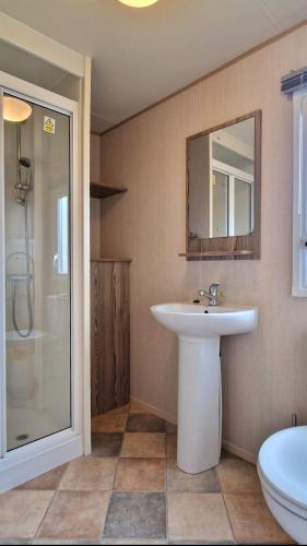 a bathroom with a sink and a shower and a toilet at Bella Family Getaway, Church Farm in Pagham