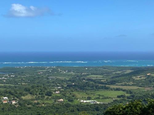 an aerial view of a town and the ocean at Cocon Douillet à 10 min du Marin in Le Marin