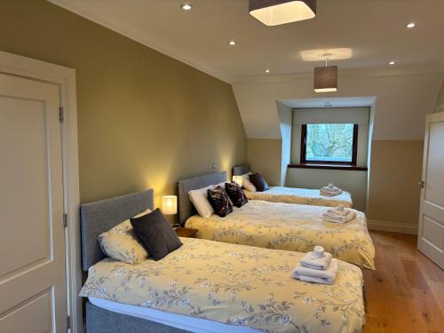 a bedroom with two beds and a window at Birchall Lodge in Galway