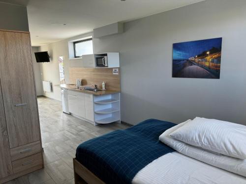 a bedroom with a bed and a desk in it at Pensjonat Plaża 2 in Rowy