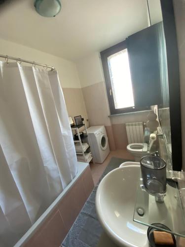 a bathroom with a sink and a shower and a toilet at La mansardina del mulino in Lodi