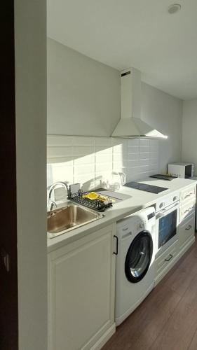 a kitchen with a washing machine and a sink at Dzīvoklis Baldone, Latvija in Baldone