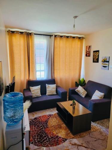 a living room with blue couches and a coffee table at Serenity Homes in Gatunga