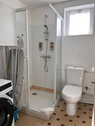 a bathroom with a shower with a toilet and a glass shower stall at Le Poirier Perfect for 2 adults and 2 children Heated Pool and Games Room in Auverse