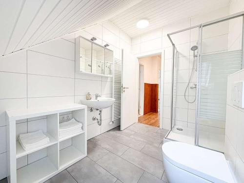 a bathroom with a toilet and a sink and a shower at Emmas FEWO in Bremen