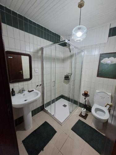 a bathroom with a shower and a toilet and a sink at Big Alface - Casa de Cima in Trinta