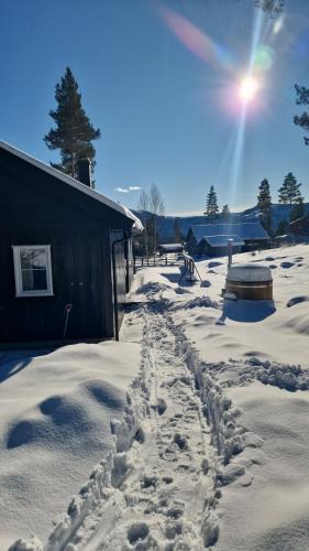 a snow covered yard with footprints in front of a building at Chalet Vradal in Vradal