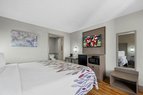 a bedroom with a bed and a flat screen tv at Red Roof Inn & Suites Wilson in Wilson