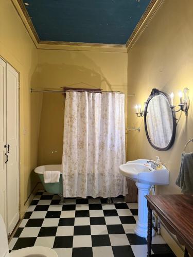 a bathroom with a shower curtain and a sink at The Courtableau Cottage in Washington