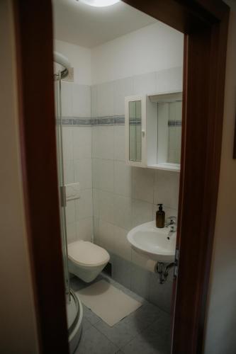 a bathroom with a toilet and a sink at Chalupa Chudobka in Janske Lazne