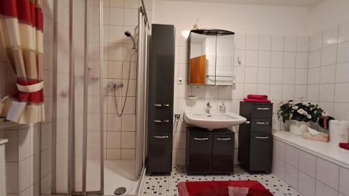 a small bathroom with a sink and a shower at Kurpark Domizil in Altenau